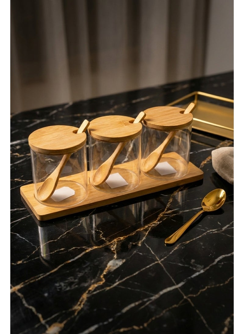 كذا هوم Casa Home طقم برطمانات توابل 3 قطع بغطاء وملعقة وصينية من خشب طبيعي، عبوات شفافة لتنظيم التوابل والبهارات في المطبخ - Image 3